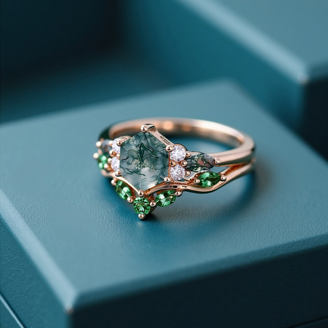 Hexagon Cut Moss Agate Engagement Rings Sets In Sterling Silver