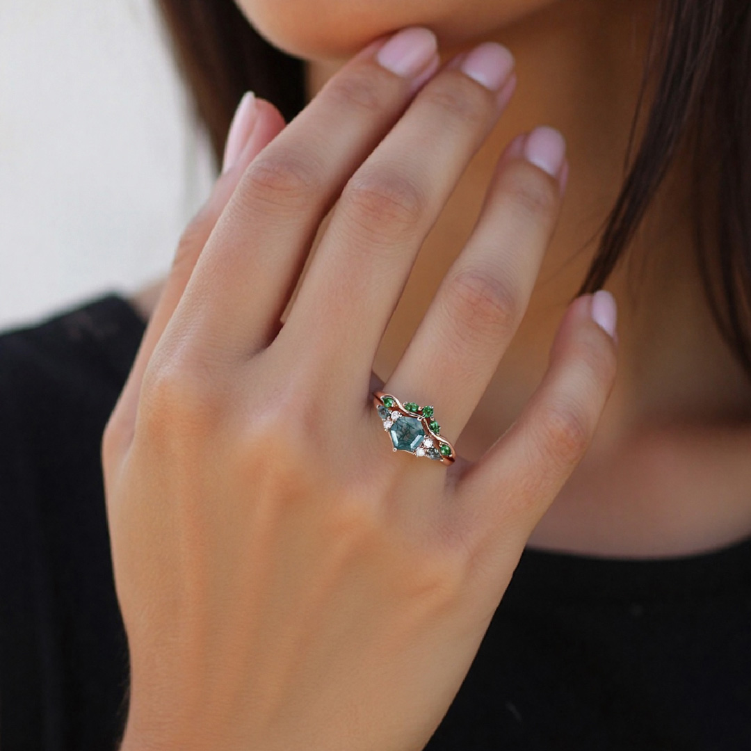 Hexagon Cut Moss Agate Engagement Rings Sets In Sterling Silver