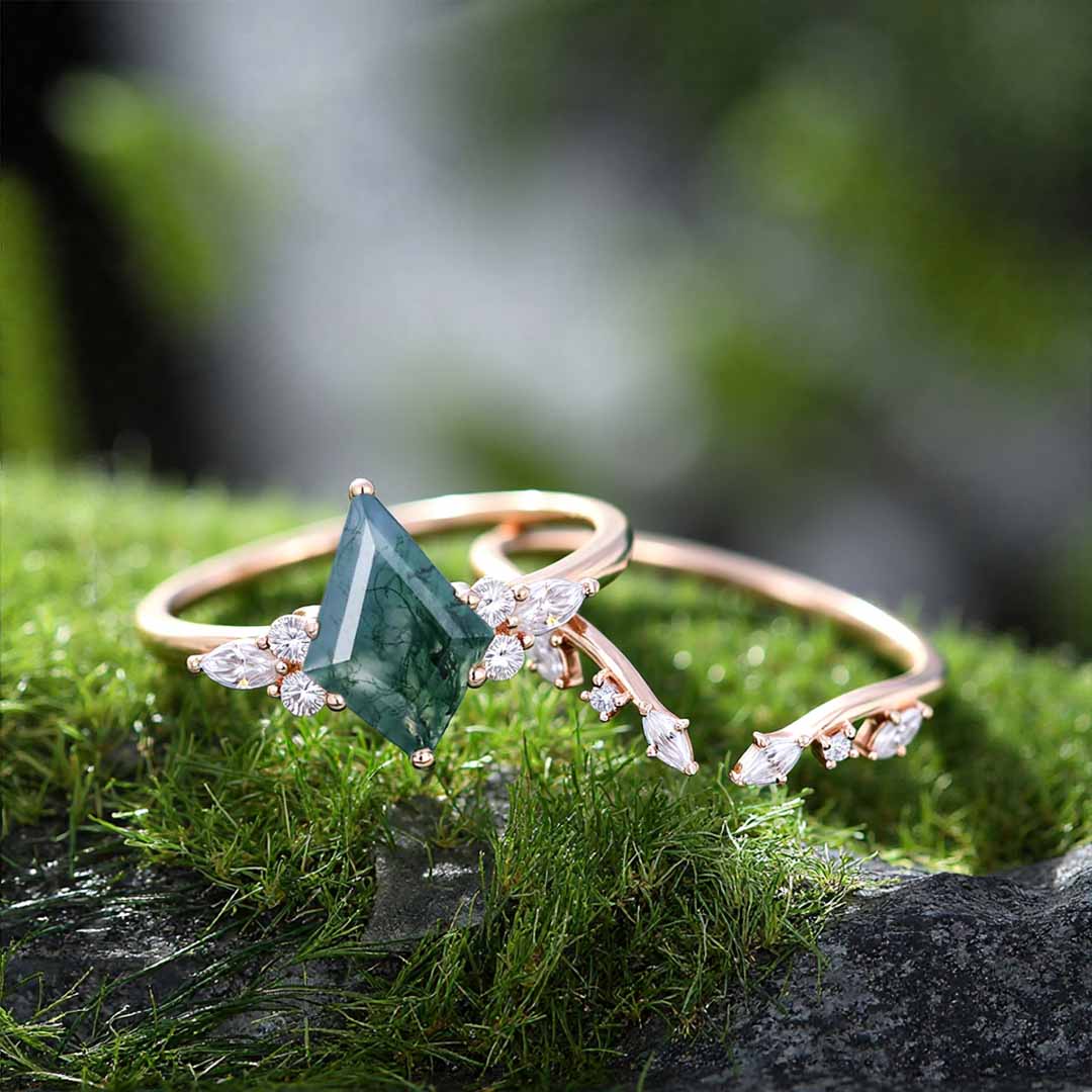 1CT Kite Cut Moissanite/Moss Agate Engagement Rings Sets In Sterling Silver