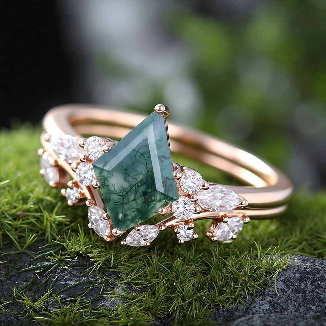 1CT Kite Cut Moissanite/Moss Agate Engagement Rings Sets In Sterling Silver