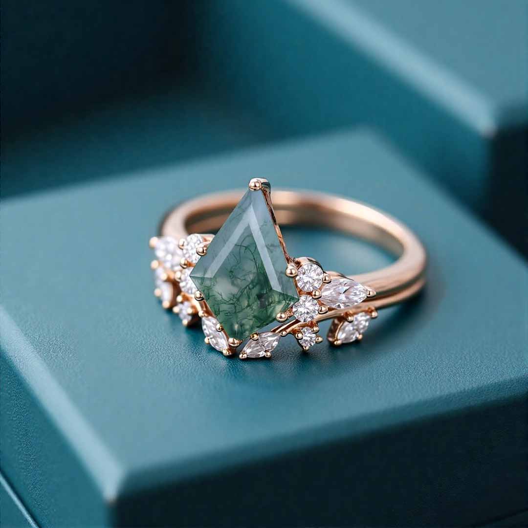 1CT Kite Cut Moissanite/Moss Agate Engagement Rings Sets In Sterling Silver