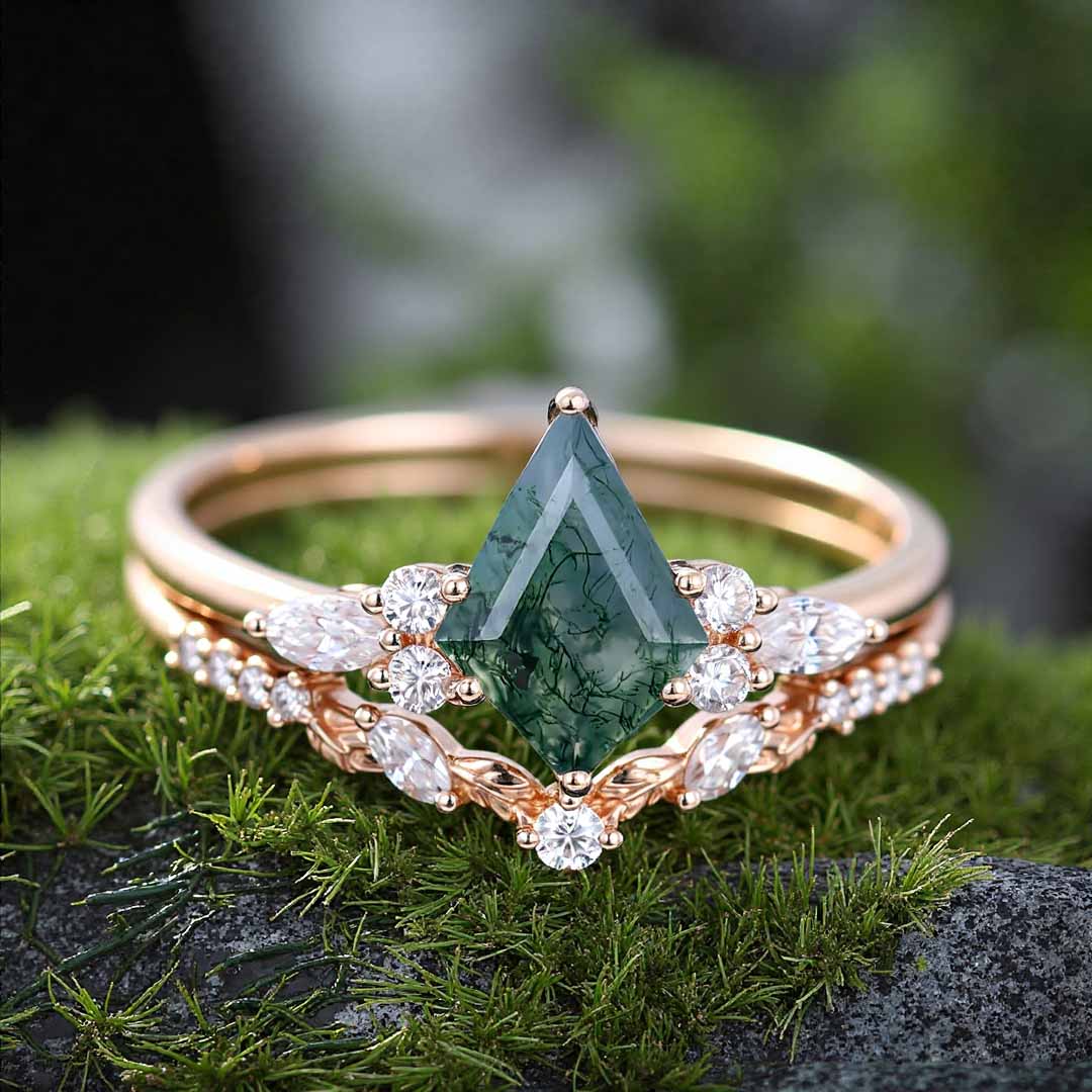 1CT Kite Cut Moissanite/Moss Agate Engagement Rings Sets In Sterling Silver