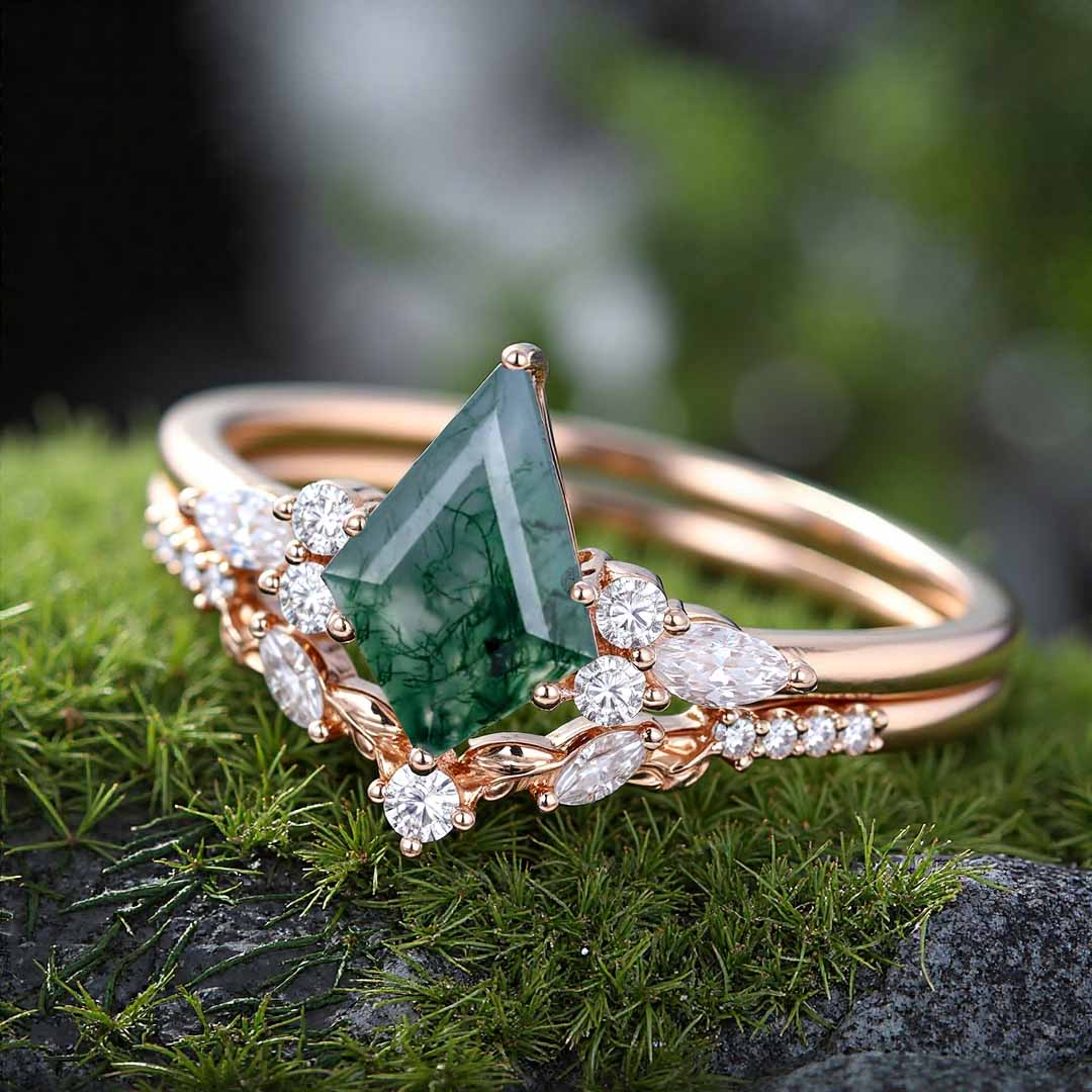 1CT Kite Cut Moissanite/Moss Agate Engagement Rings Sets In Sterling Silver