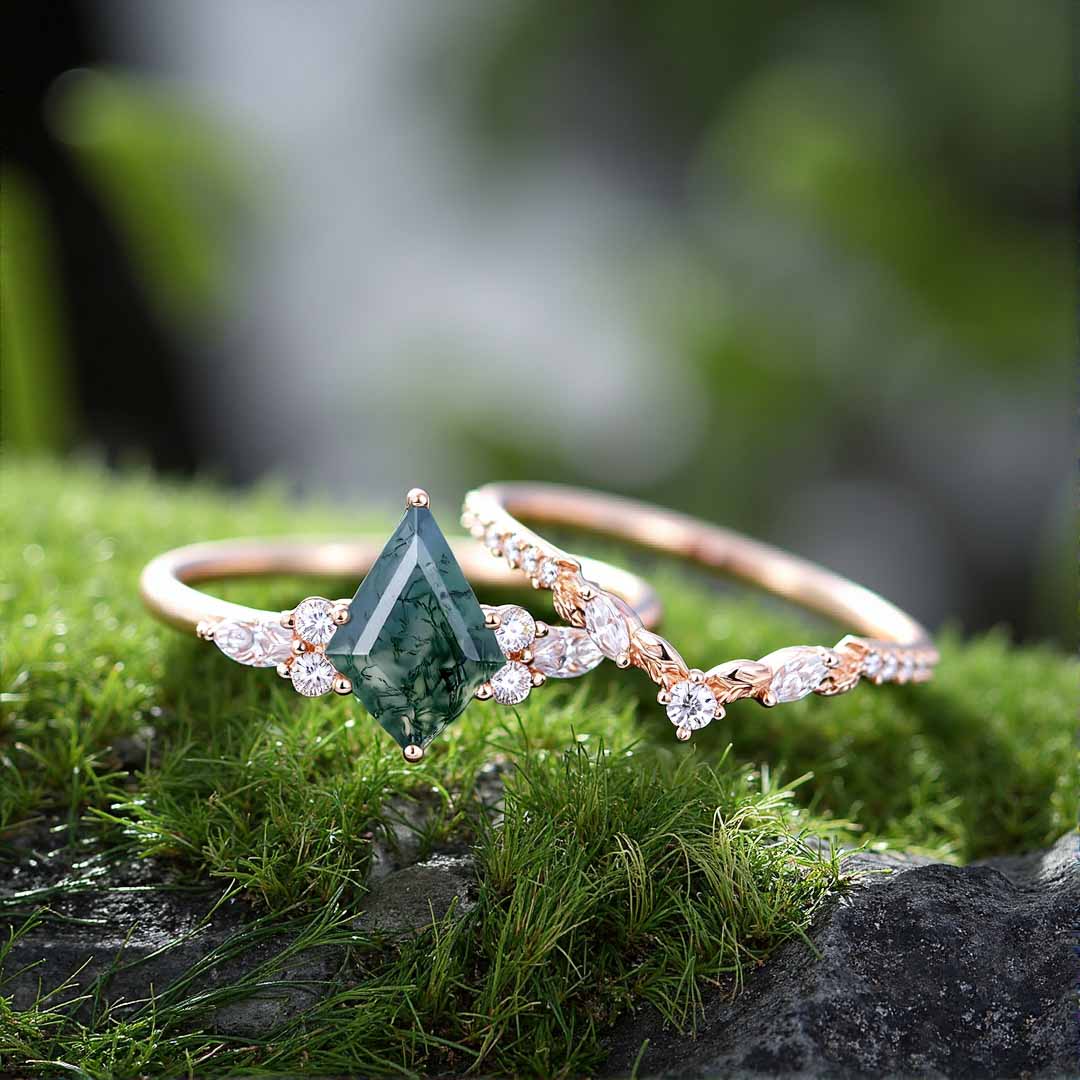 1CT Kite Cut Moissanite/Moss Agate Engagement Rings Sets In Sterling Silver