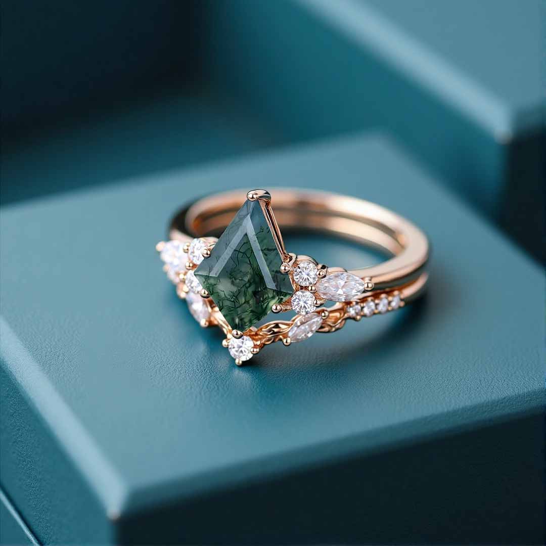 1CT Kite Cut Moissanite/Moss Agate Engagement Rings Sets In Sterling Silver