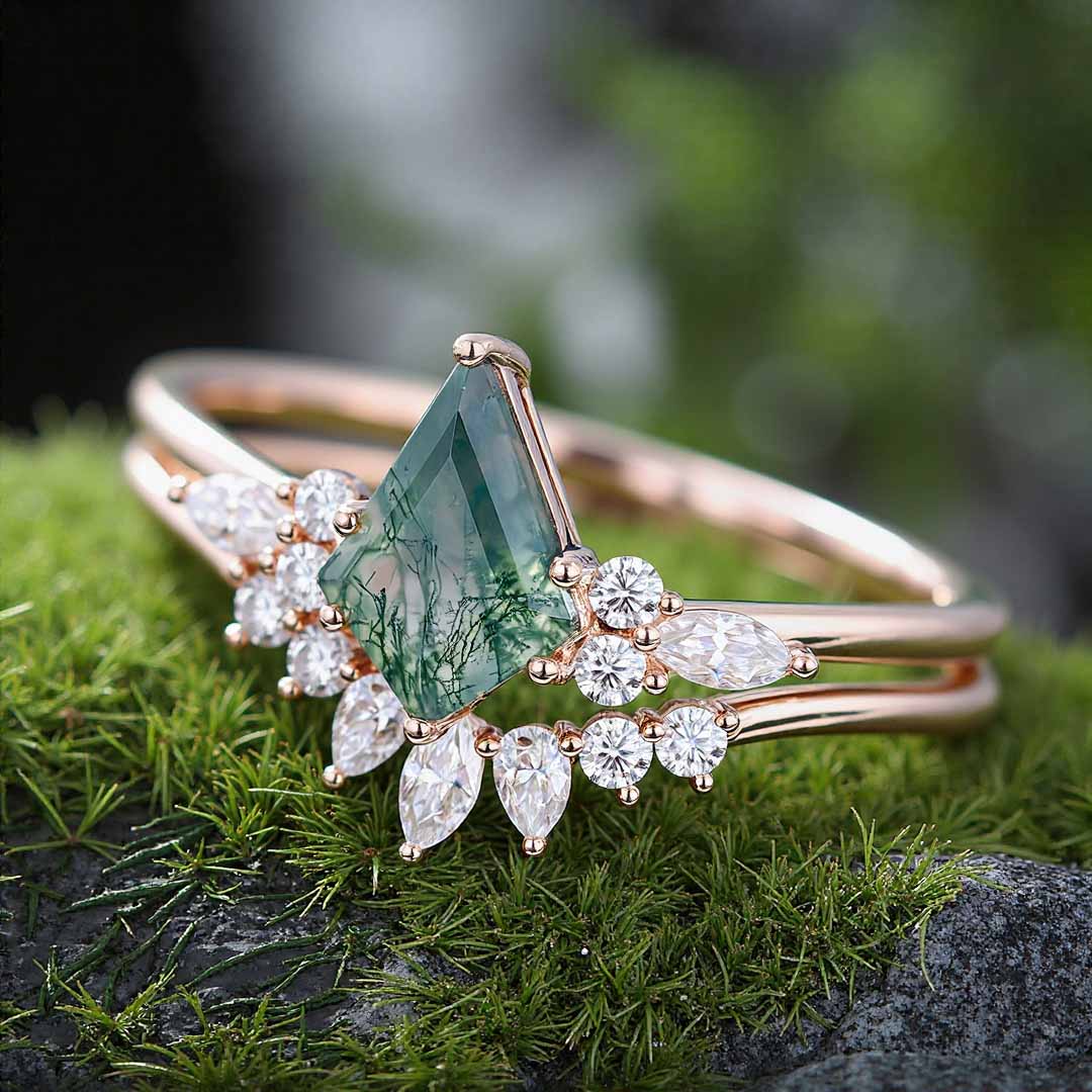 1CT Kite Cut Moissanite/Moss Agate Engagement Rings Sets In Sterling Silver