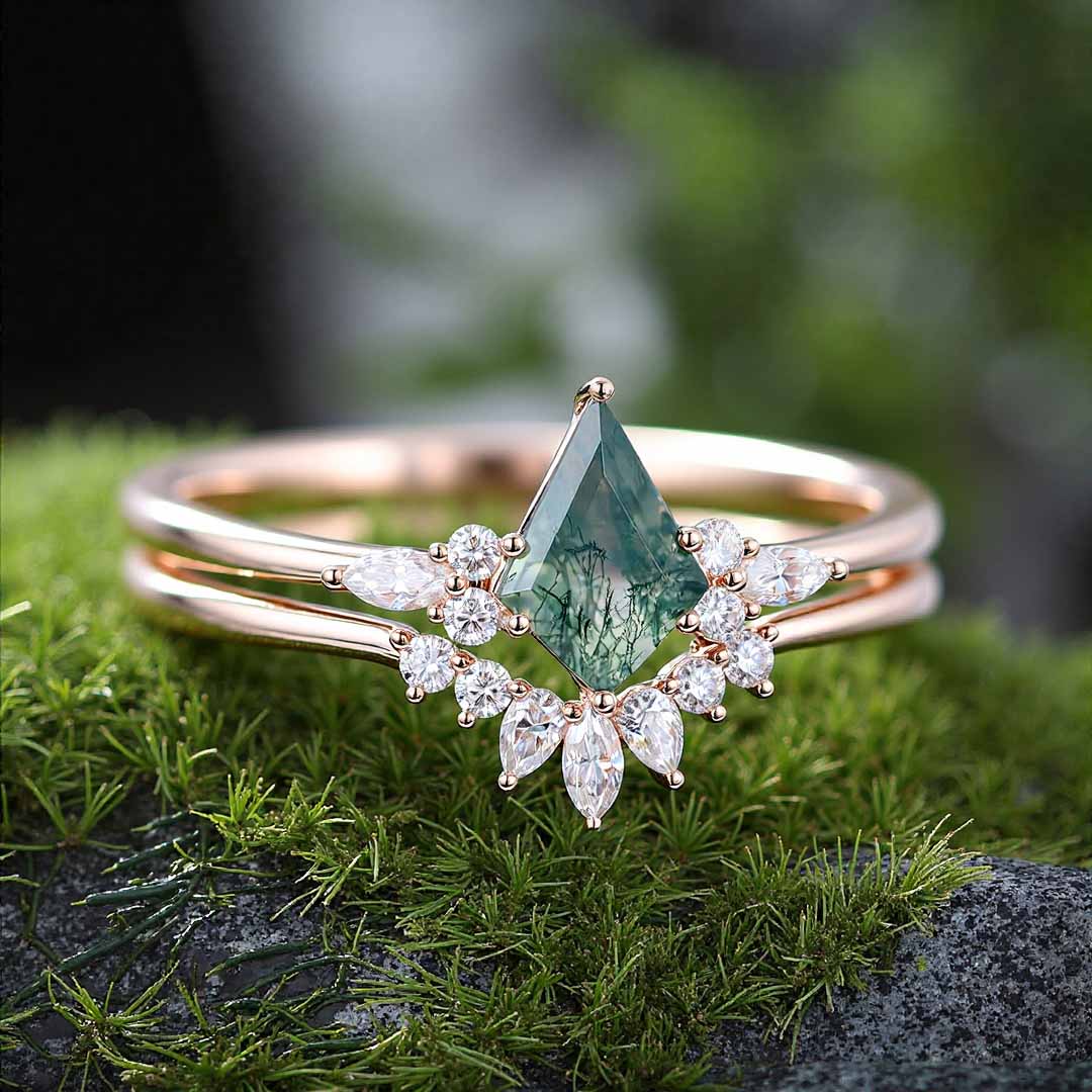 1CT Kite Cut Moissanite/Moss Agate Engagement Rings Sets In Sterling Silver