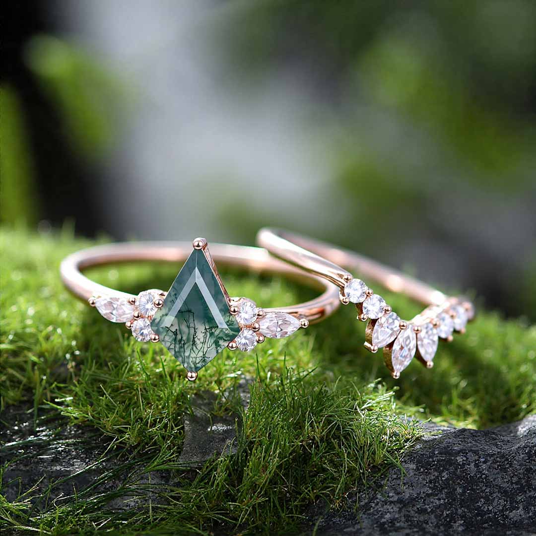 1CT Kite Cut Moissanite/Moss Agate Engagement Rings Sets In Sterling Silver