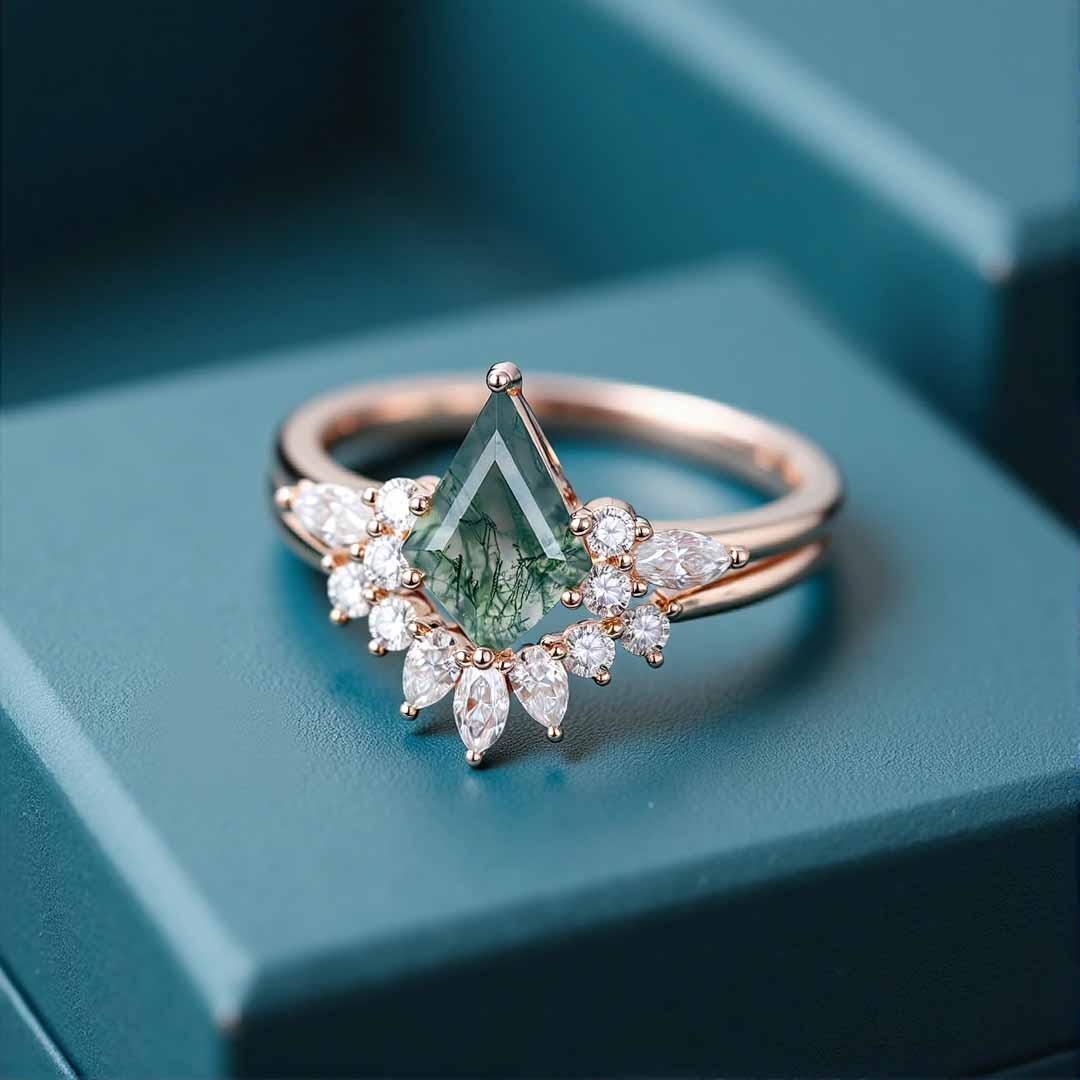 1CT Kite Cut Moissanite/Moss Agate Engagement Rings Sets In Sterling Silver