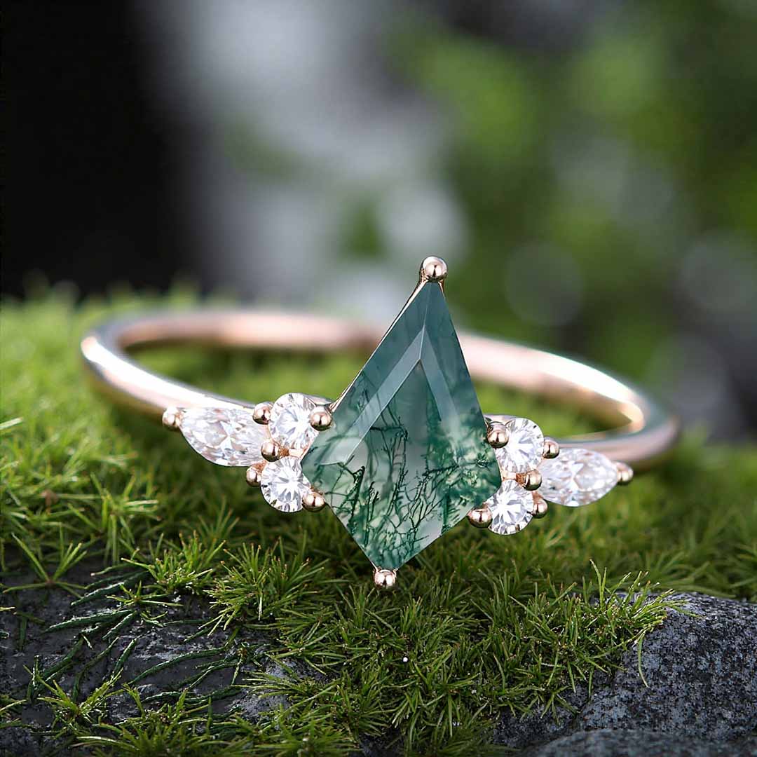 1CT Kite Cut Moissanite/Moss Agate Engagement Rings In Sterling Silver