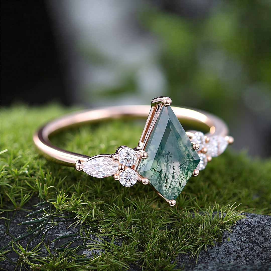 1CT Kite Cut Moissanite/Moss Agate Engagement Rings In Sterling Silver