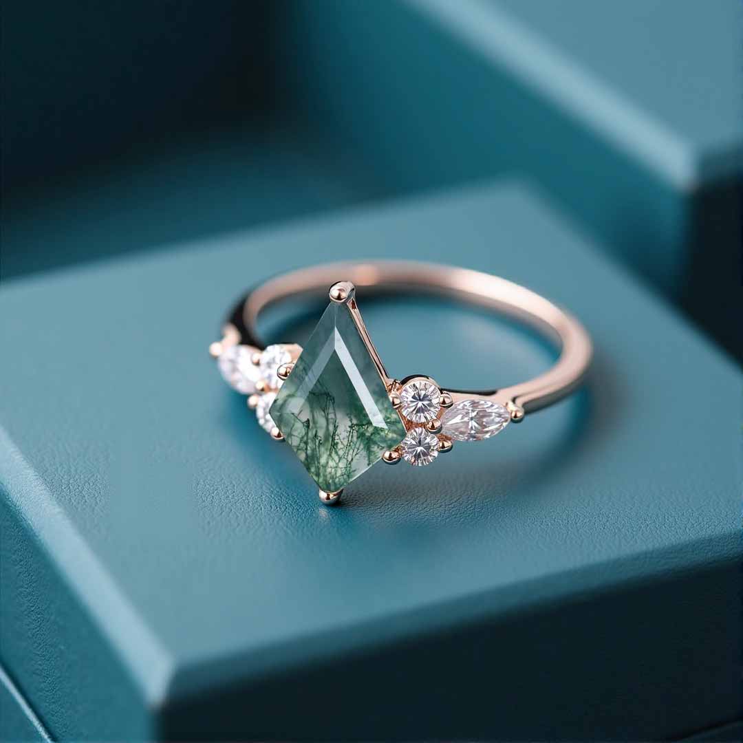 1CT Kite Cut Moissanite/Moss Agate Engagement Rings In Sterling Silver