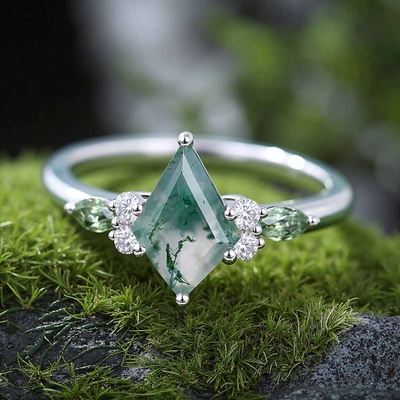 1CT Kite Cut Moissanite/Moss Agate Engagement Rings In Sterling Silver