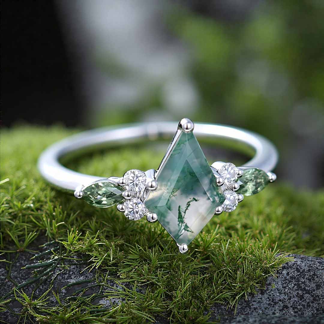 1CT Kite Cut Moissanite/Moss Agate Engagement Rings In Sterling Silver