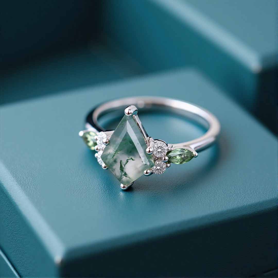 1CT Kite Cut Moissanite/Moss Agate Engagement Rings In Sterling Silver