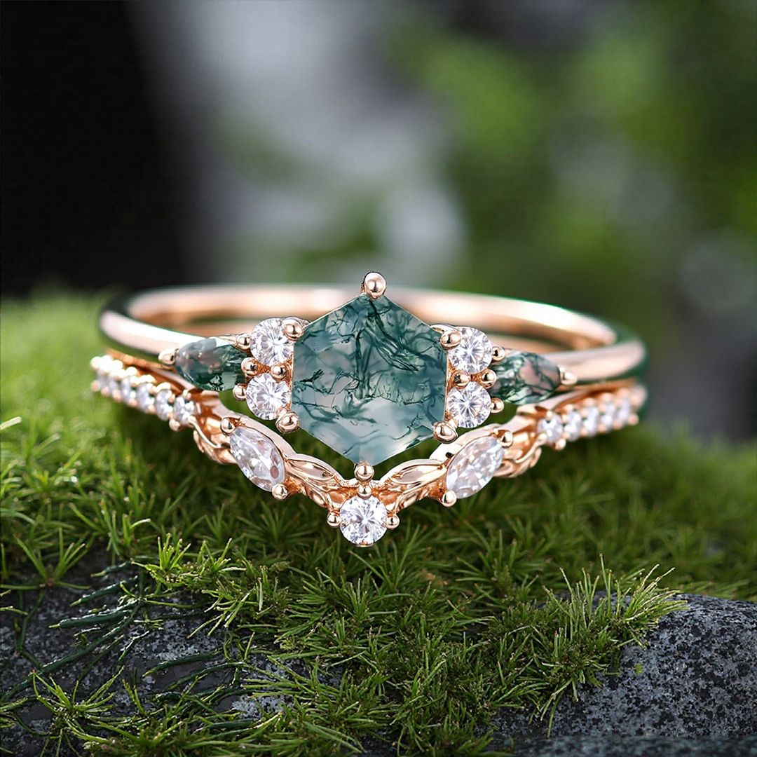 1 Hexagon Cut Moss Agate Engagement Rings Sets In Sterling Silver