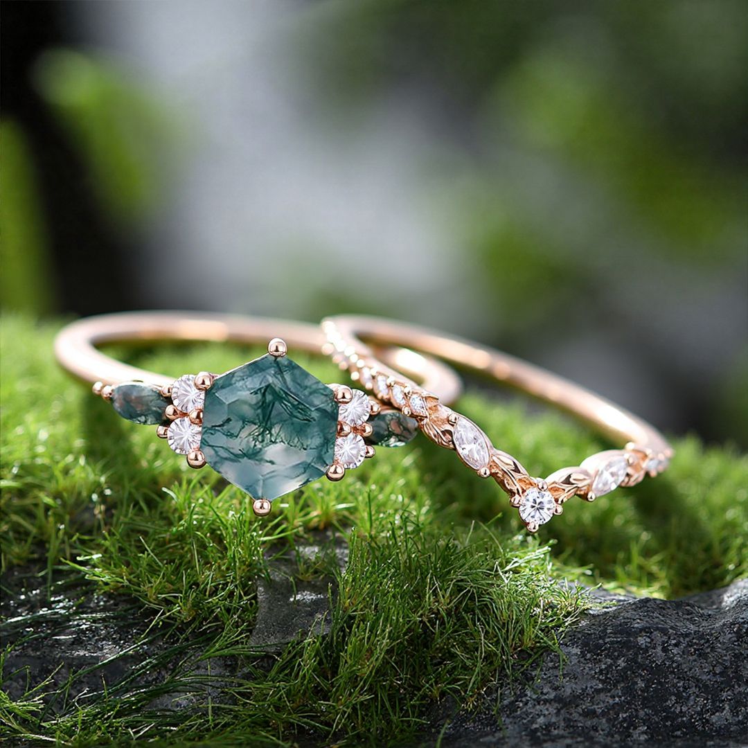 1 Hexagon Cut Moss Agate Engagement Rings Sets In Sterling Silver