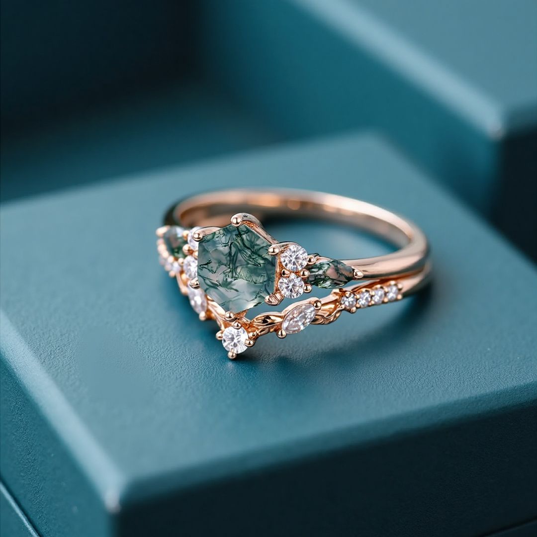 1 Hexagon Cut Moss Agate Engagement Rings Sets In Sterling Silver