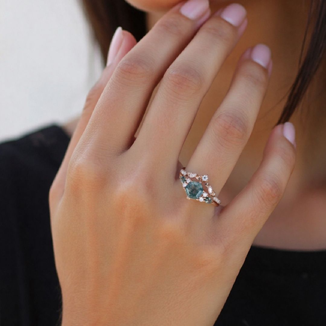 1 Hexagon Cut Moss Agate Engagement Rings Sets In Sterling Silver