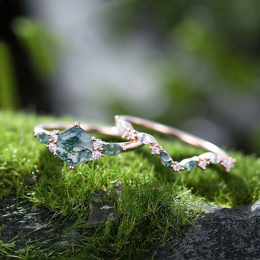 1 Hexagon Cut Moss Agate Engagement Rings Sets In Sterling Silver