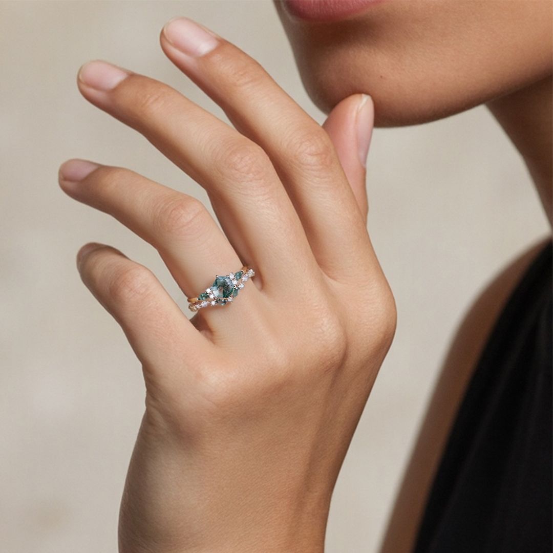 1 Hexagon Cut Moss Agate Engagement Rings Sets In Sterling Silver