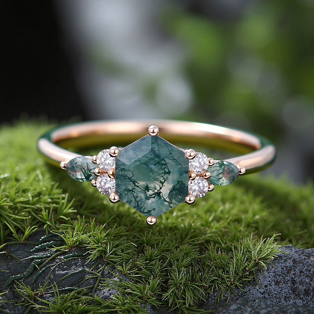 1 Hexagon Cut Moss Agate Engagement Rings In Sterling Silver