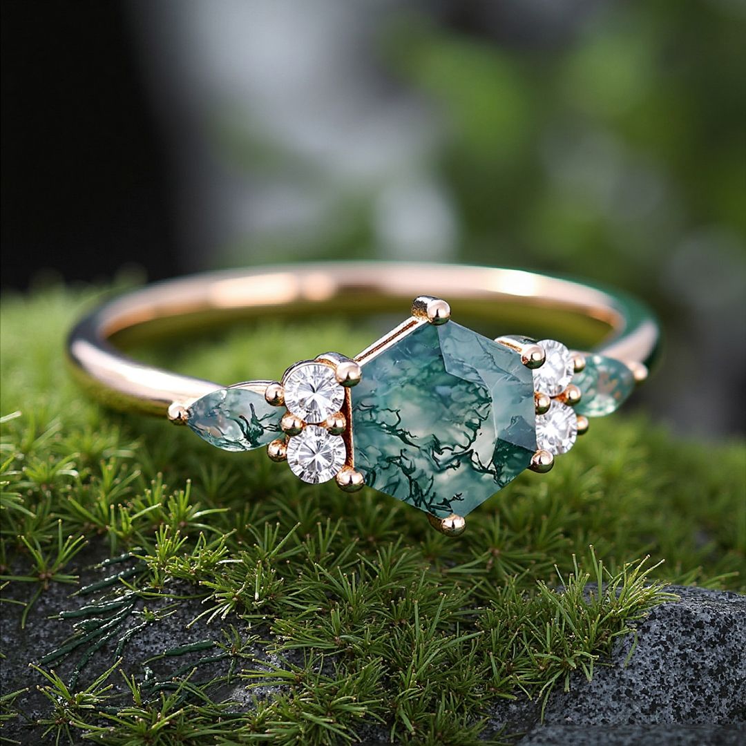 1 Hexagon Cut Moss Agate Engagement Rings In Sterling Silver