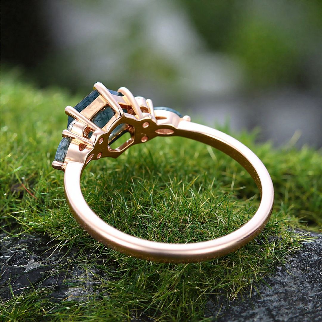 1 Hexagon Cut Moss Agate Engagement Rings In Sterling Silver