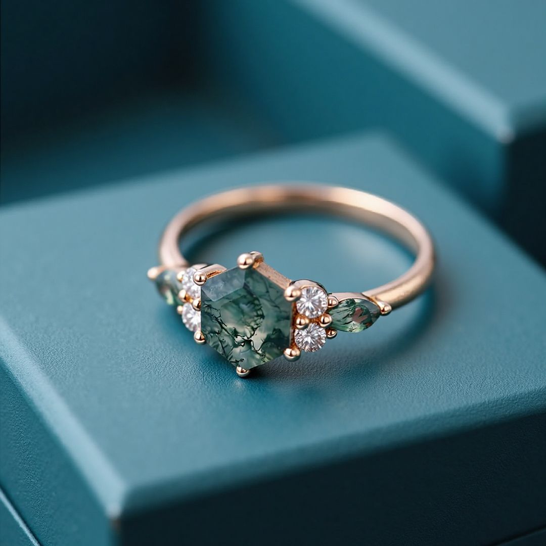 1 Hexagon Cut Moss Agate Engagement Rings In Sterling Silver