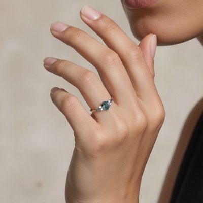 1 Hexagon Cut Moss Agate Engagement Rings In Sterling Silver
