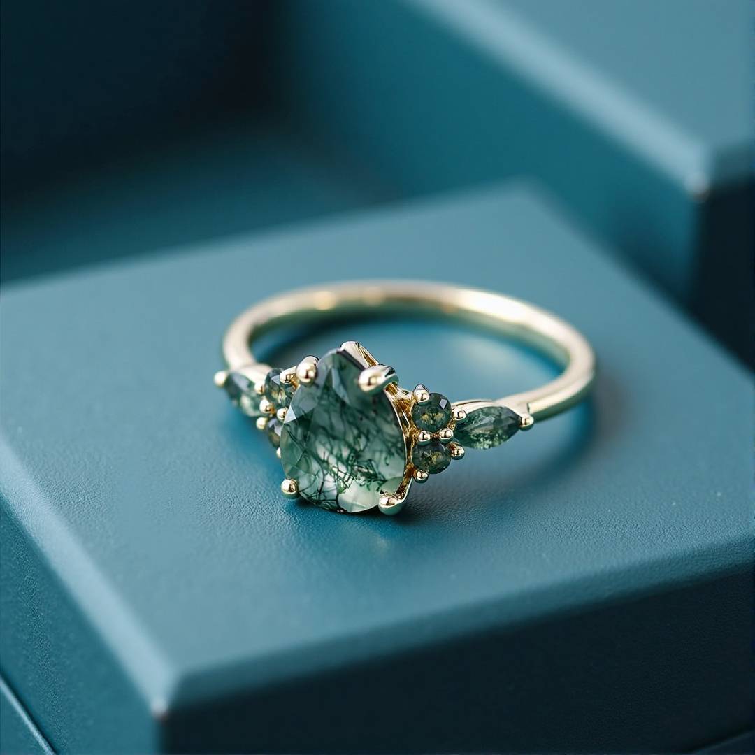 1CT Pear Cut Moss Agate Engagement Rings In Sterling Silver