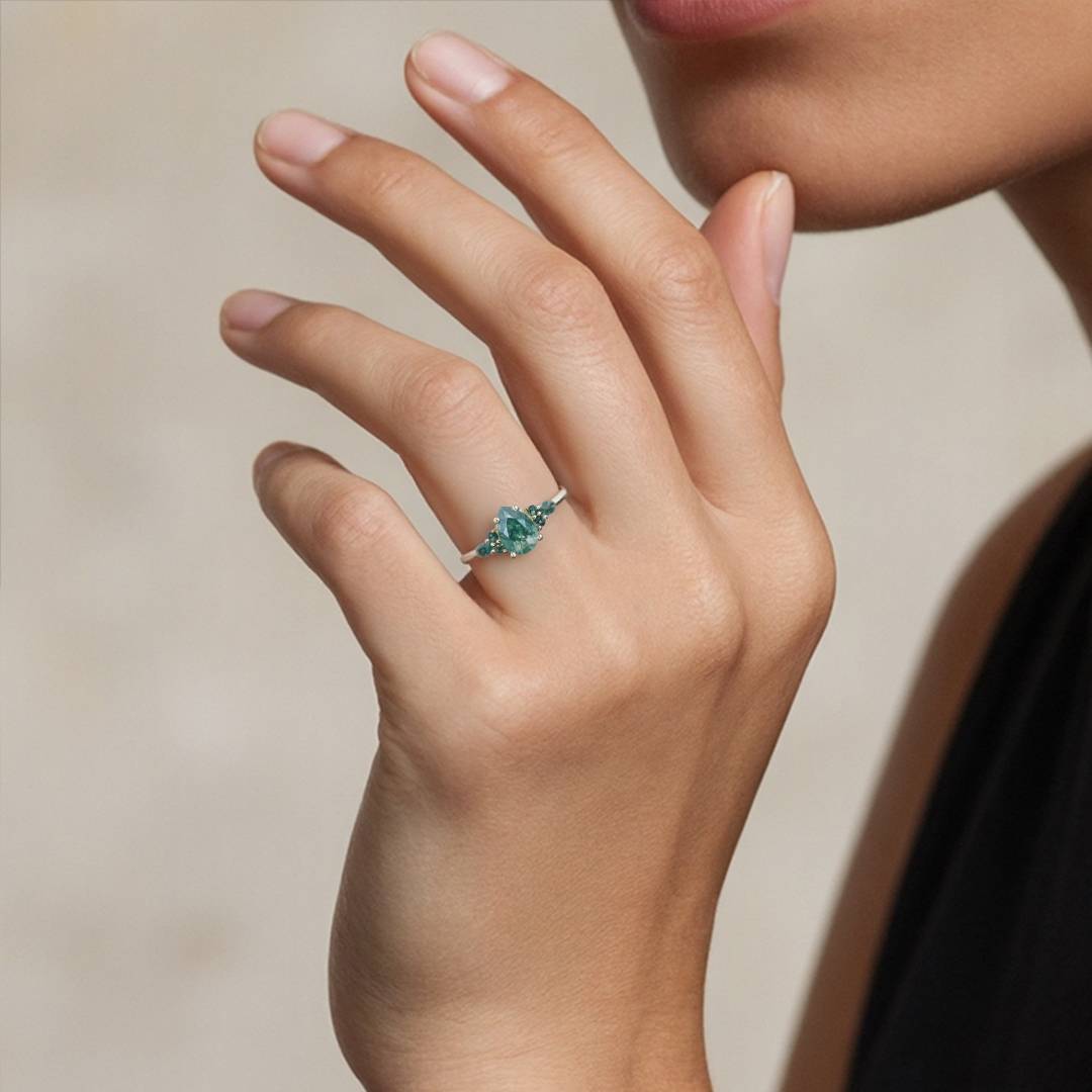 1CT Pear Cut Moss Agate Engagement Rings In Sterling Silver