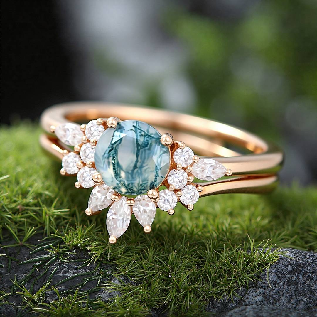 1CT Round Cut Moissanite Moss Agate Engagement Rings Sets In Sterling Silver