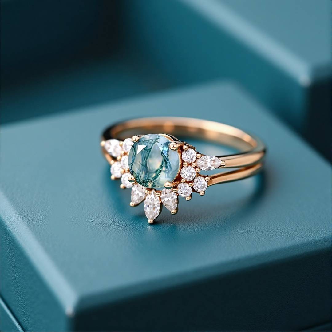 1CT Round Cut Moissanite Moss Agate Engagement Rings Sets In Sterling Silver