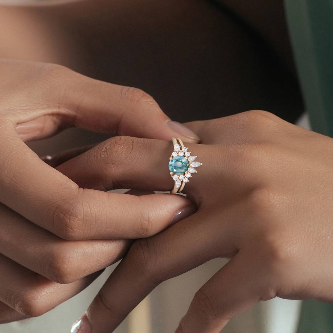 1CT Round Cut Moissanite Moss Agate Engagement Rings Sets In Sterling Silver