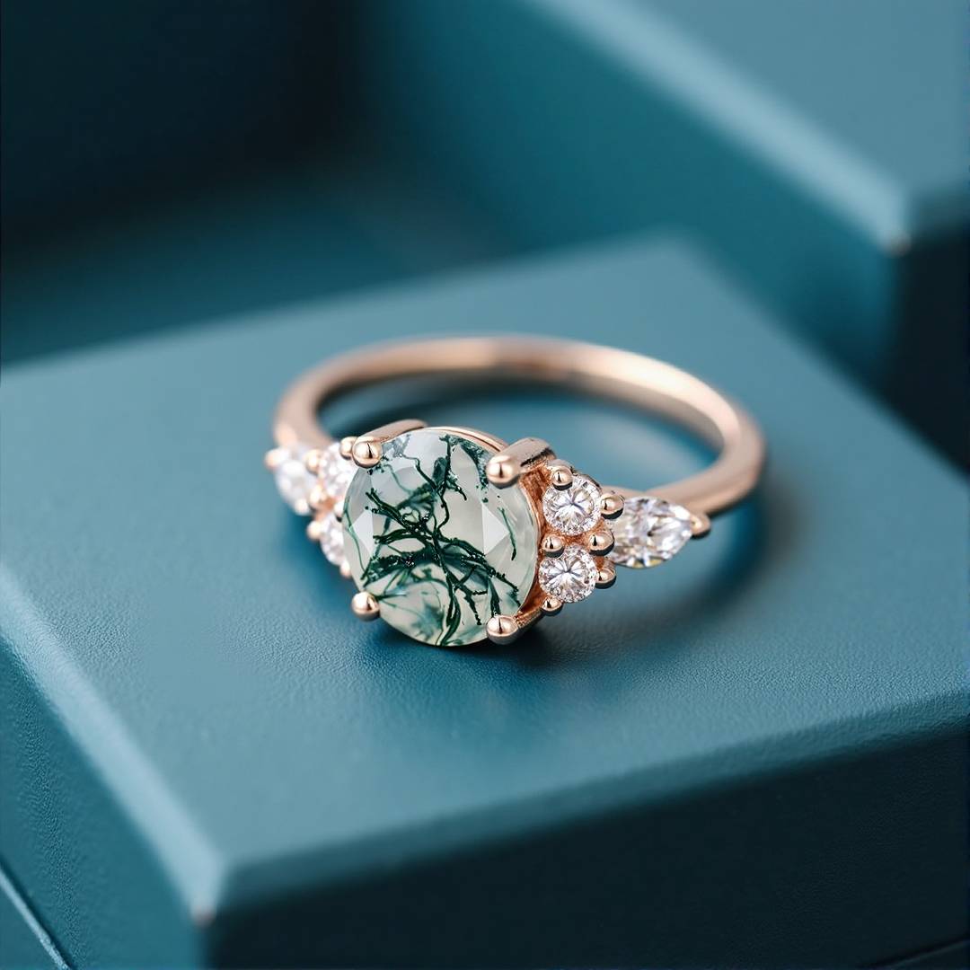 1CT Round Cut Moissanite Moss Agate Engagement Rings In Sterling Silver