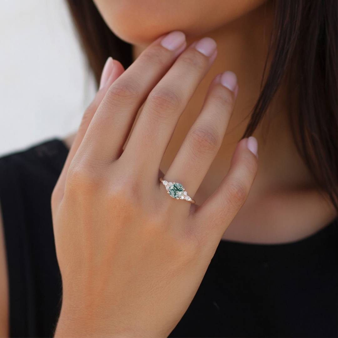 1CT Round Cut Moissanite Moss Agate Engagement Rings In Sterling Silver