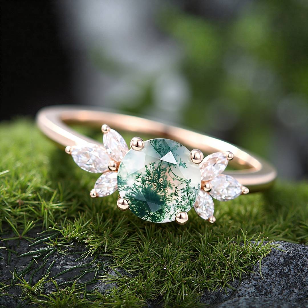 1CT Round Cut Moissanite Moss Agate Engagement Rings In Sterling Silver