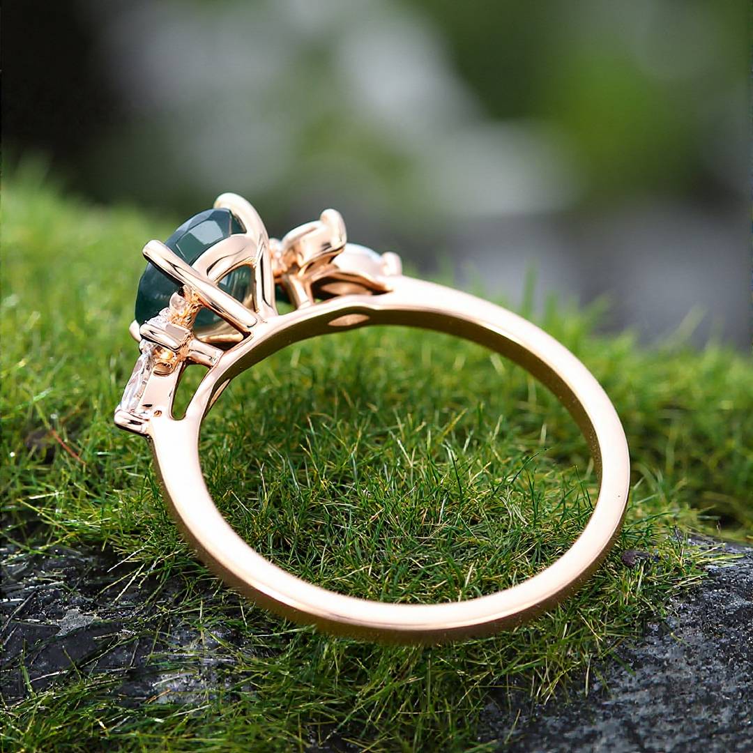 1CT Round Cut Moissanite Moss Agate Engagement Rings In Sterling Silver