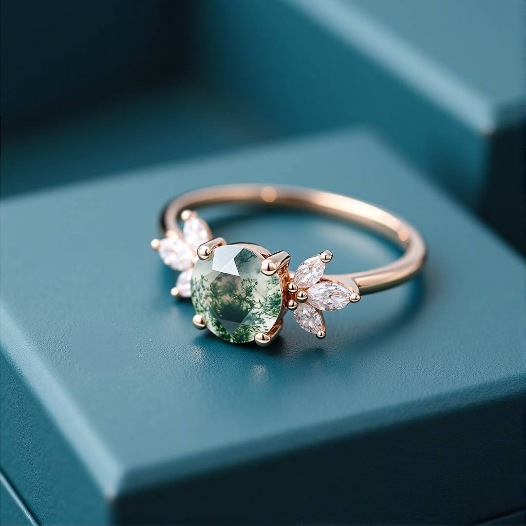 1CT Round Cut Moissanite Moss Agate Engagement Rings In Sterling Silver