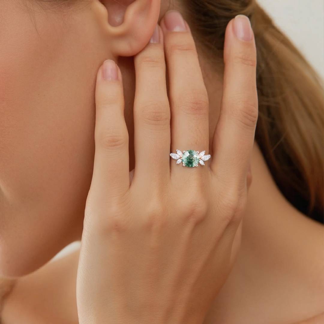 1CT Round Cut Moissanite Moss Agate Engagement Rings In Sterling Silver