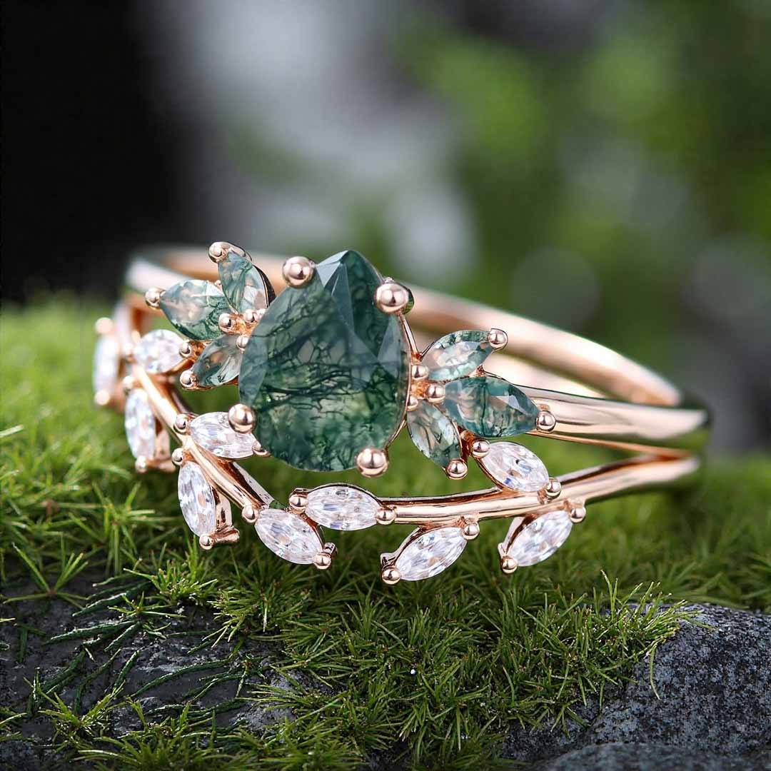 1CT Pear Cut Moissanite/Moss Agate Engagement Rings Sets In Sterling Silver