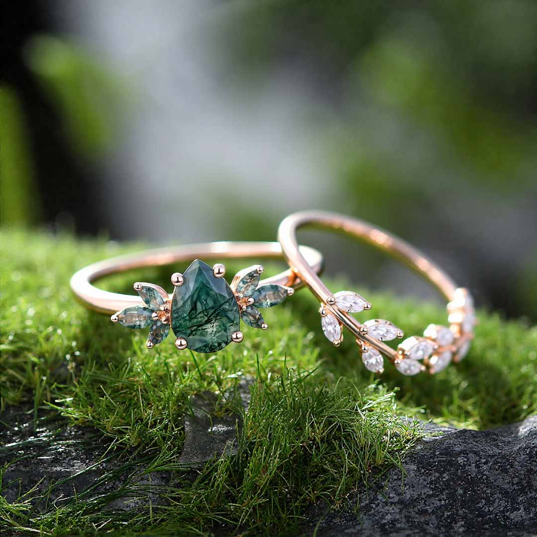 1CT Pear Cut Moissanite/Moss Agate Engagement Rings Sets In Sterling Silver