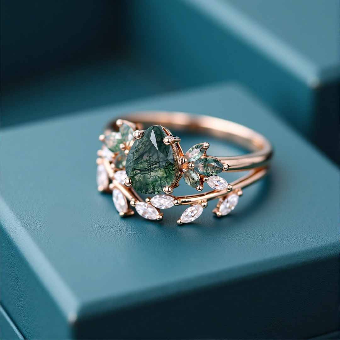 1CT Pear Cut Moissanite/Moss Agate Engagement Rings Sets In Sterling Silver