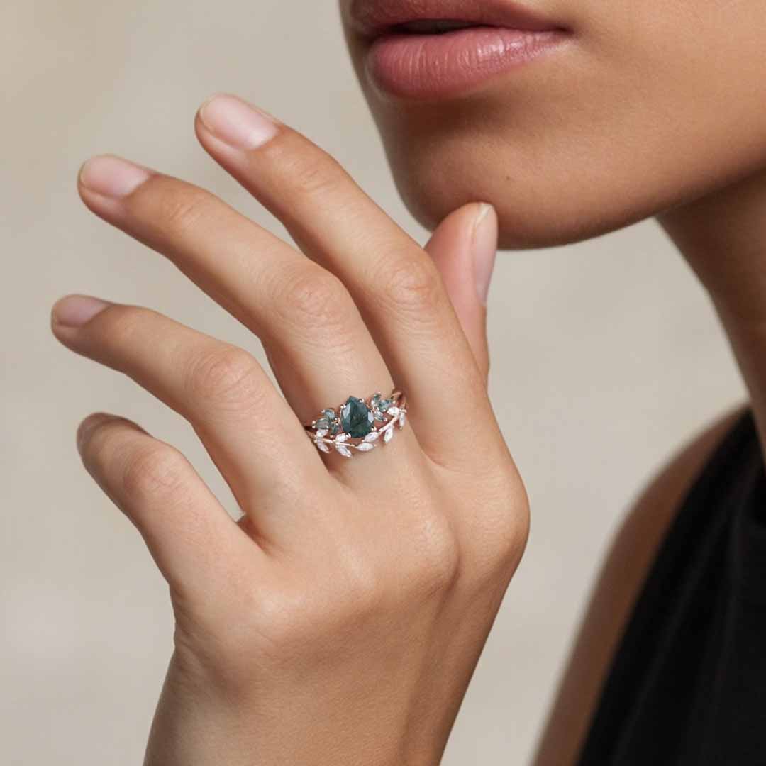 1CT Pear Cut Moissanite/Moss Agate Engagement Rings Sets In Sterling Silver