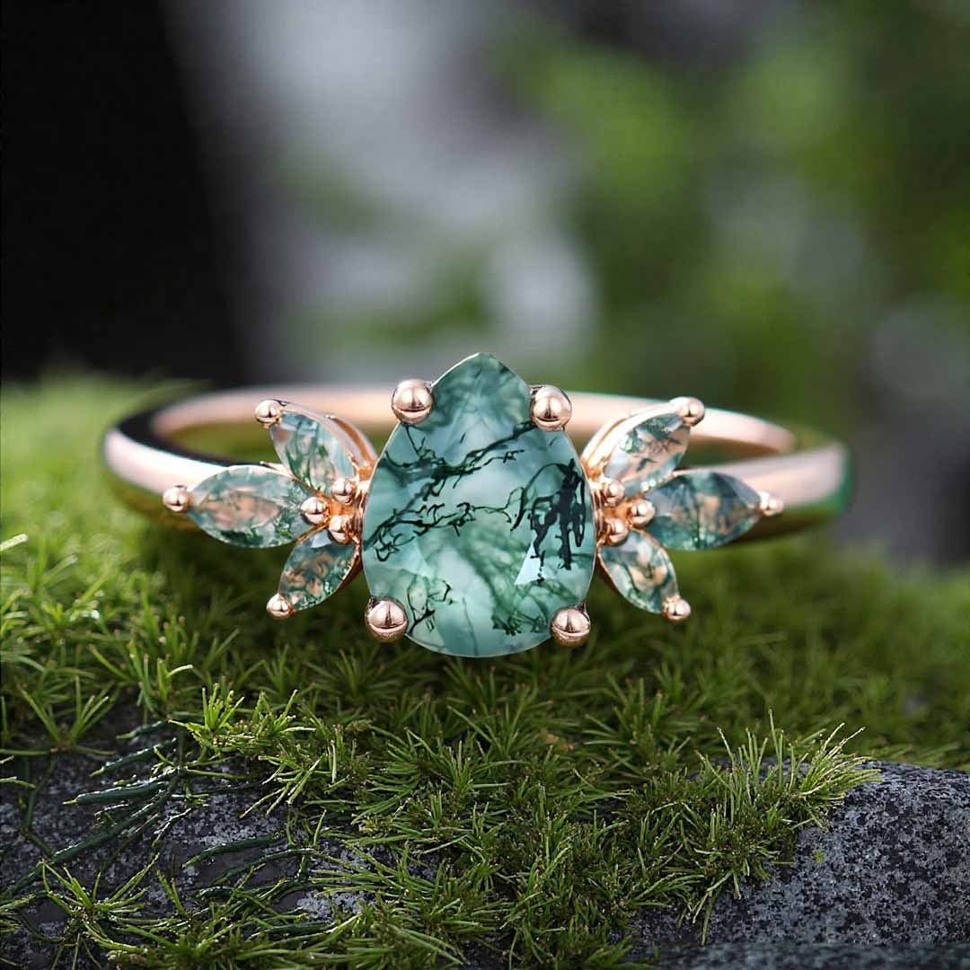 1CT Pear Cut Moss Agate Engagement Rings In Sterling Silver