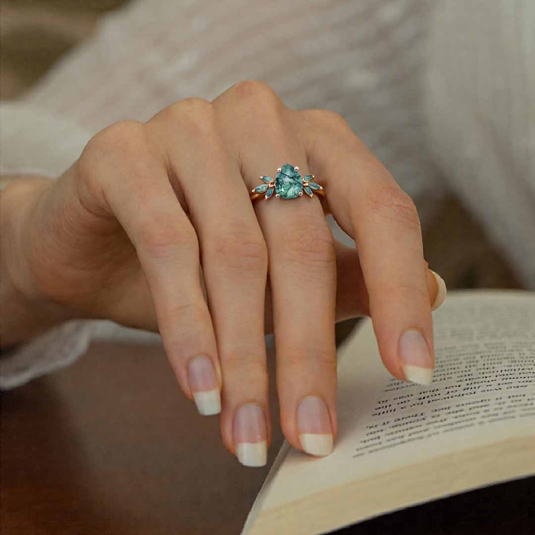 1CT Pear Cut Moss Agate Engagement Rings In Sterling Silver