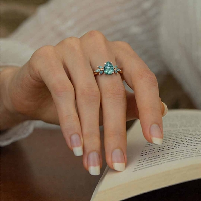 1CT Pear Cut Moss Agate Engagement Rings In Sterling Silver