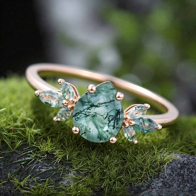 1CT Pear Cut Moss Agate Engagement Rings In Sterling Silver