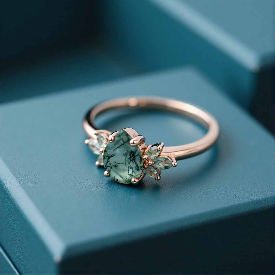 1CT Pear Cut Moss Agate Engagement Rings In Sterling Silver
